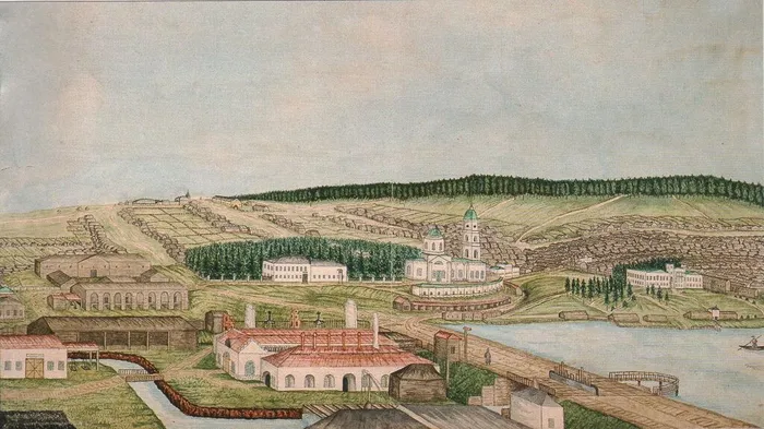 Суксунский завод. 1860-е гг. Неизв. худ. с рис. Щербакова А.П.(доктора завода)